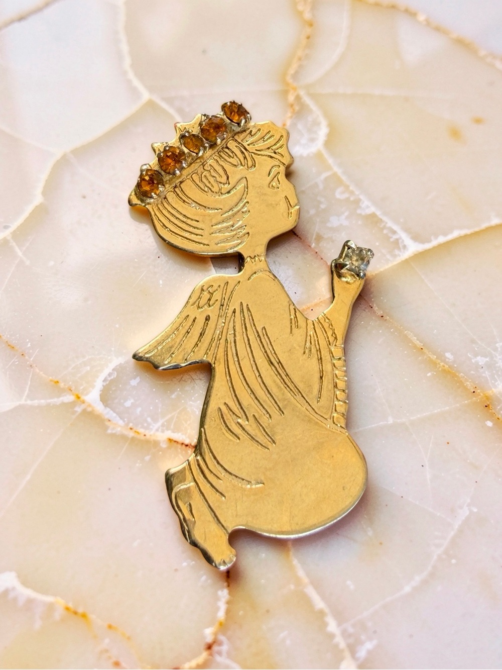 Kneeling Angel Topaz Crown Pin Rhinestone Crystal and Lapel Brooch Vintage